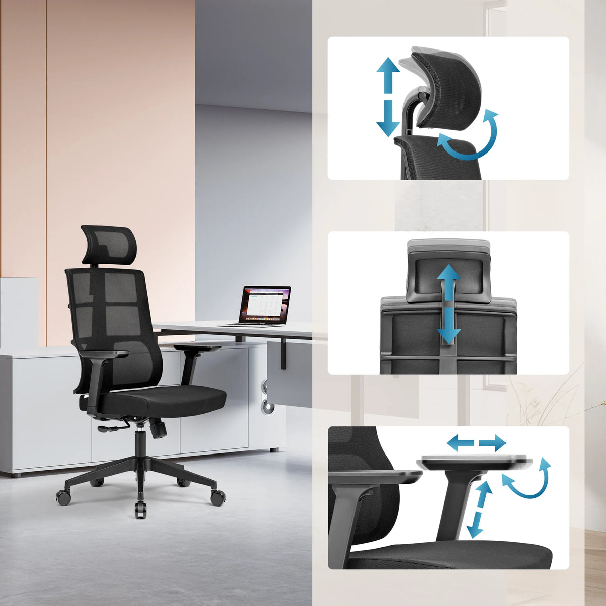 Reposacabezas, respaldo y reposabrazos ajustables de la Silla de oficina profesional SPINIO PRO de hjh OFFICE