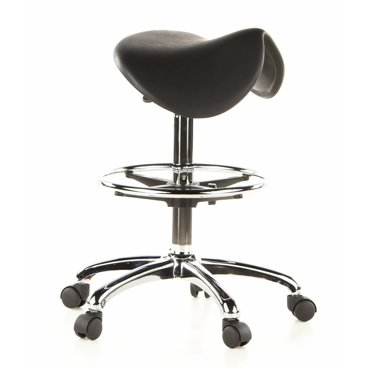 Taburete de silla de montar TOP WORK 13 negro con aro reposapiés y base de cinco ruedas de hjh OFFICE – vista de 360° (vista frontal en diagonal 60°)