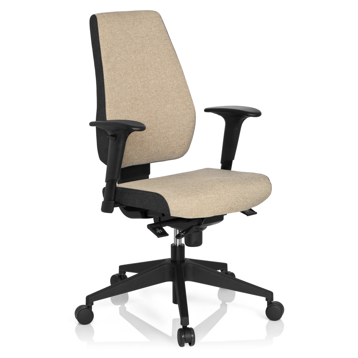 Silla de oficina profesional PRO-TEC 500 beige con reposabrazos y base negra de cinco ruedas de hjh OFFICE – vista de 360° (vista frontal en diagonal 40°)