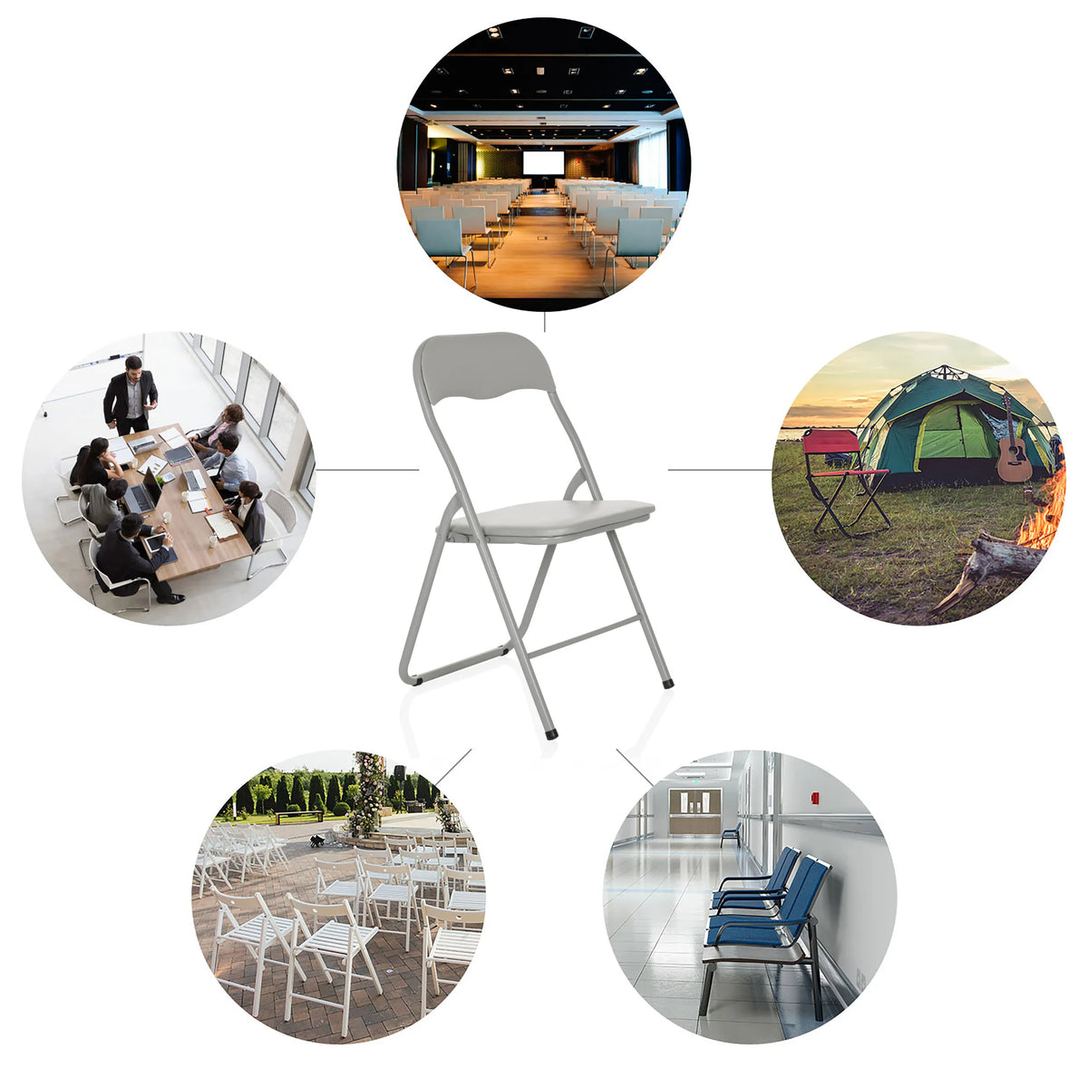 Silla plegable TUDELA BASIC gris de PVC con varios ejemplos de uso en recortes circulares de hjh OFFICE