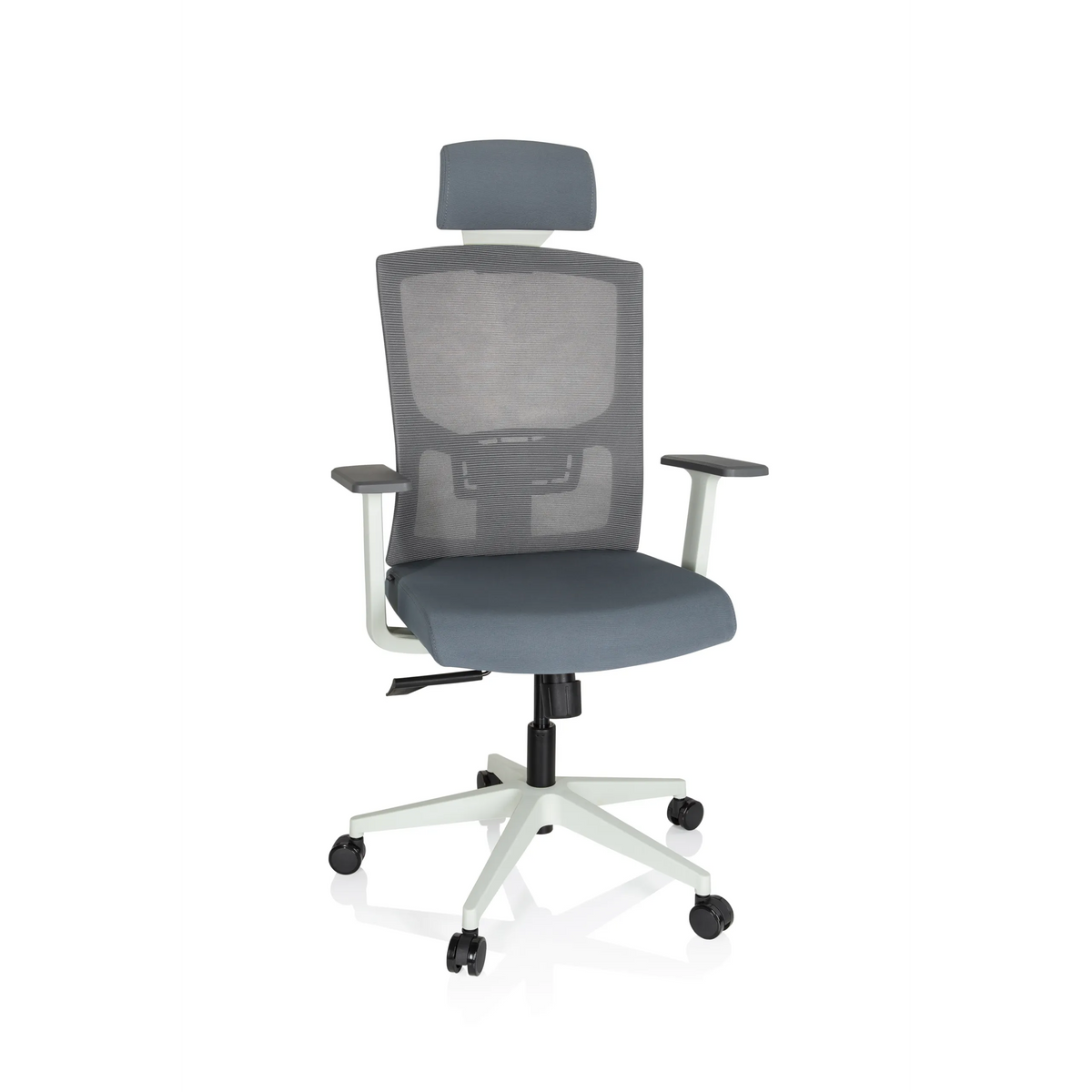 Silla de oficina profesional CAPTIVO BASE W gris con respaldo de malla, reposacabezas y base blanca de hjh OFFICE – vista de 360° (vista frontal 20°)