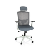 Silla de oficina profesional CAPTIVO BASE W gris con respaldo de malla, reposacabezas y base blanca de hjh OFFICE – vista de 360° (vista frontal 20°)