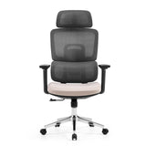Silla de oficina profesional Ergomy Pro en gris oscuro con asiento beige, respaldo de malla y base de cinco ruedas de hjh OFFICE – vista de 360° (vista frontal 0°)