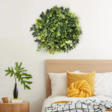 Estera vegetal verde LEAFLUXE WALL 2 como decoración de pared redonda sobre una cama de hjh LIVING