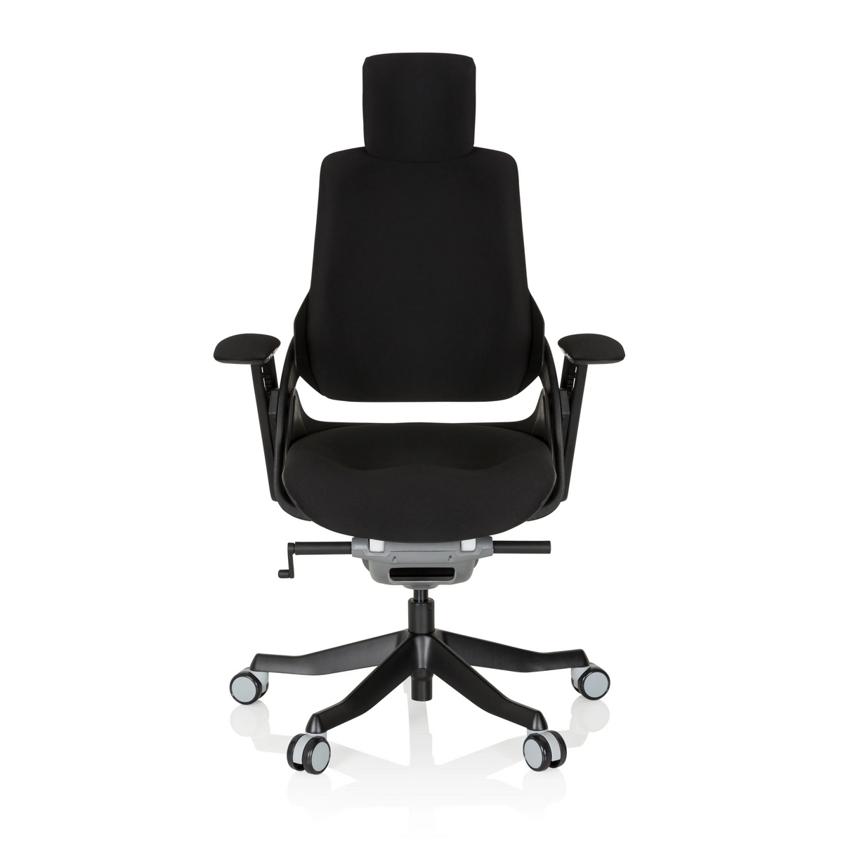 Silla de oficina profesional SPEKTRE BLACK negra con reposacabezas, reposabrazos y base de cinco ruedas de hjh OFFICE – vista de 360° (vista frontal 0°)