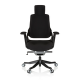 Silla de oficina profesional SPEKTRE BLACK negra con reposacabezas, reposabrazos y base de cinco ruedas de hjh OFFICE – vista de 360° (vista frontal 0°)