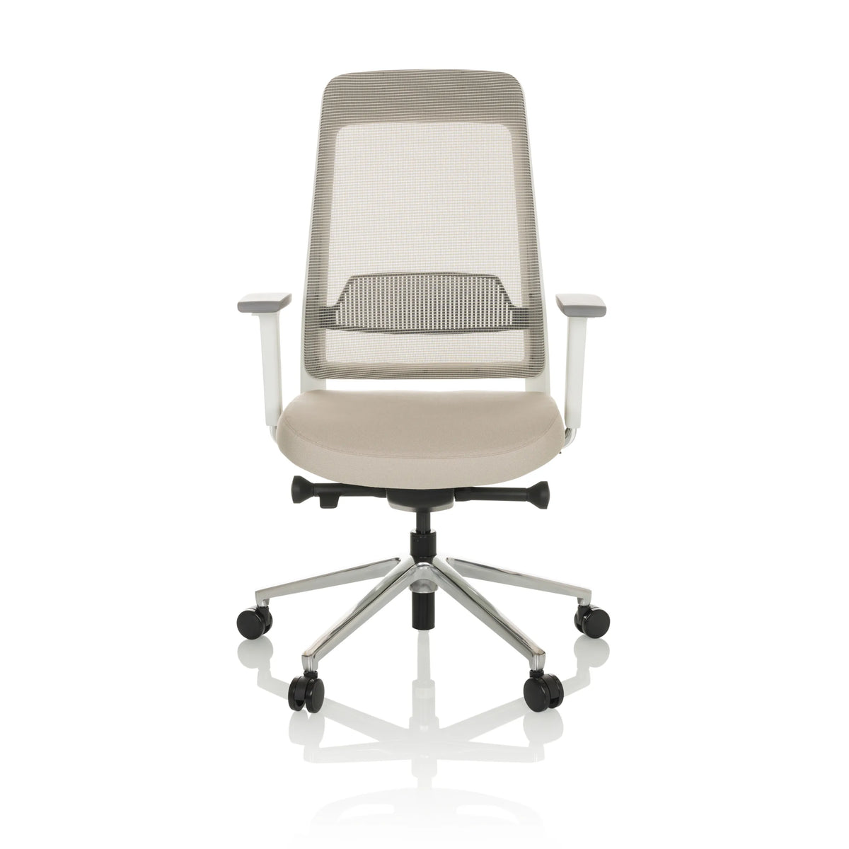 Silla de oficina profesional CHIARO T2 WHITE beige con respaldo de malla y base plateada de cinco ruedas de hjh OFFICE – vista de 360° (vista frontal 0°)