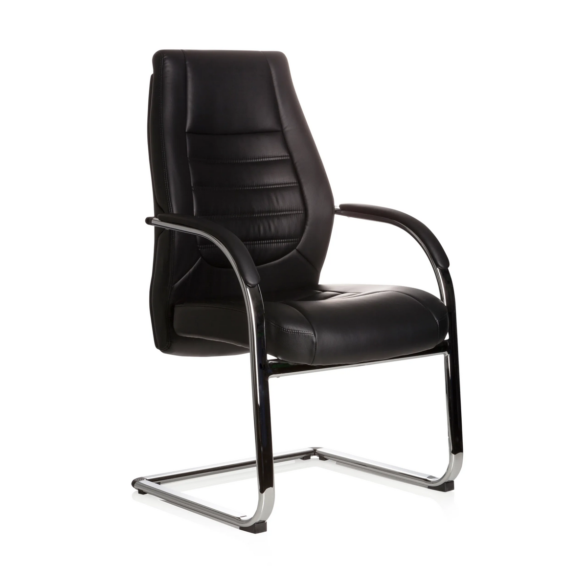 Silla de viga voladiza VITORO V negra con reposabrazos y respaldo acolchado de hjh OFFICE – vista de 360° (vista frontal en diagonal 40°)