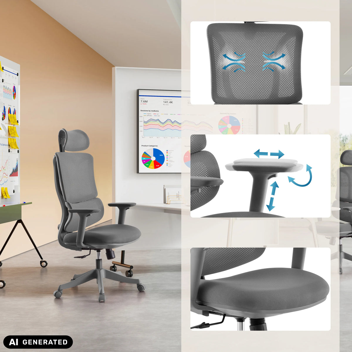 Silla Home Office Ergomy Colore gris con respaldo de malla y mecanismo ajustable de MyBuero (imagen generada por IA)