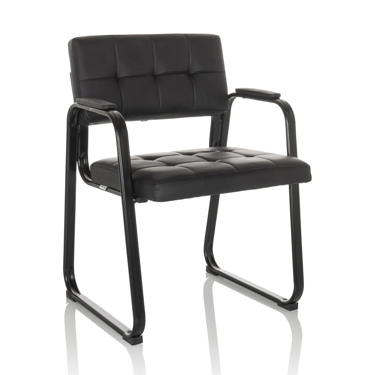 Silla de confidente negra ZANTA B PU con tapicería acolchada y reposabrazos de hjh OFFICE – vista de 360° (vista frontal en diagonal 30°)