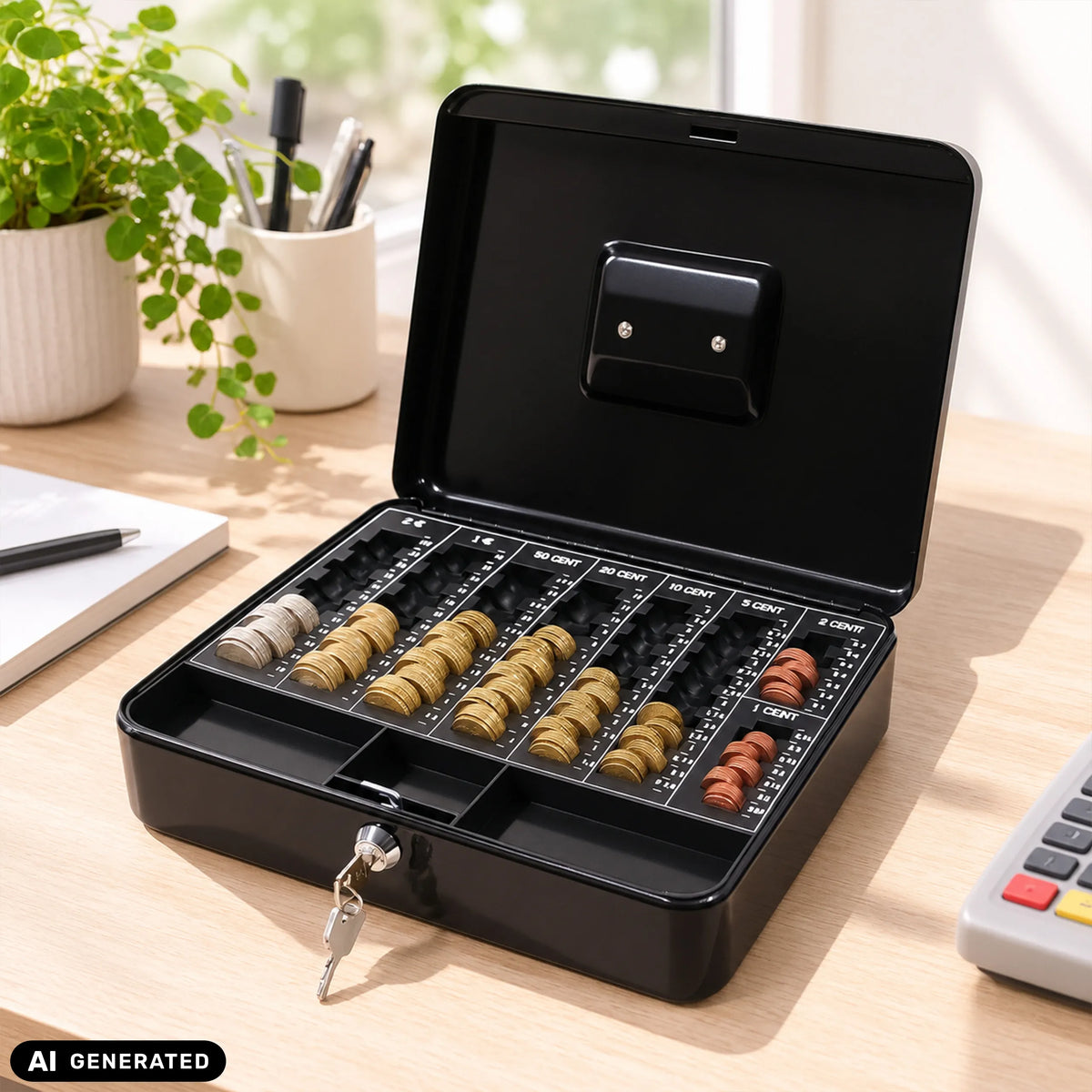 Caja de efectivo SAFE negra con compartimentos para monedas, cerradura y dos llaves de hjh OFFICE (imagen generada por IA)