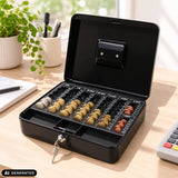 Caja de efectivo SAFE negra con compartimentos para monedas, cerradura y dos llaves de hjh OFFICE (imagen generada por IA)