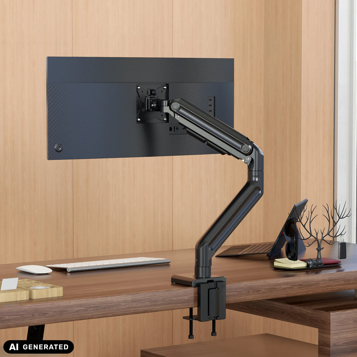 Soporte de monitor VM-MG1S negro con brazo articulado y fijación a la mesa de hjh OFFICE (imagen generada por IA)