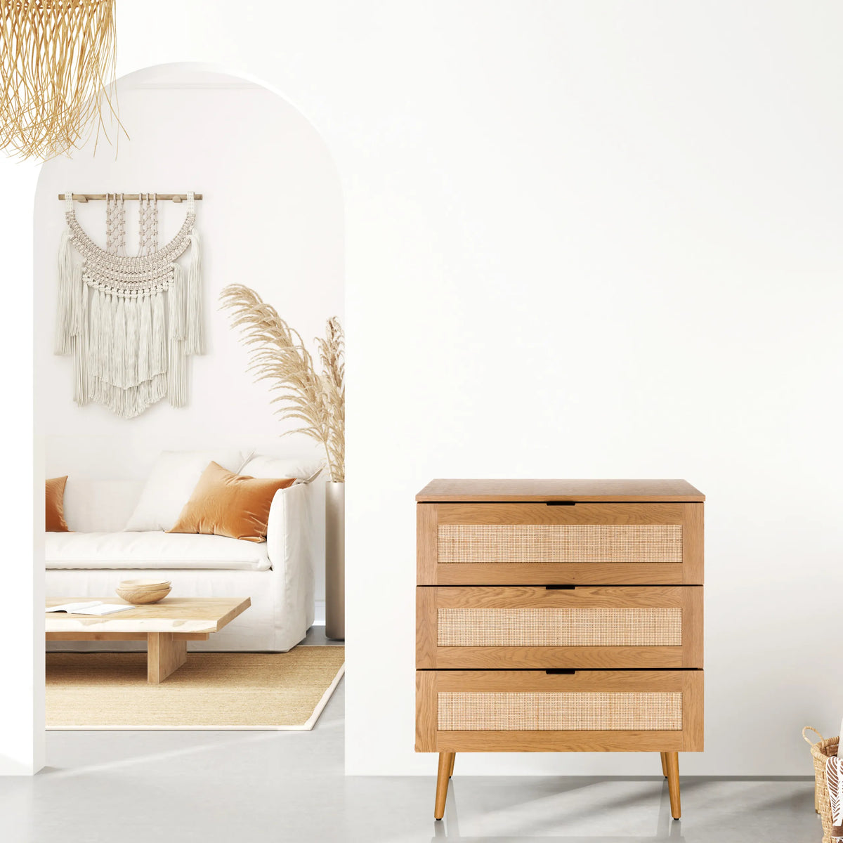 Cómoda BOHEO K de roble con tres cajones y rejilla vienesa de hjh LIVING