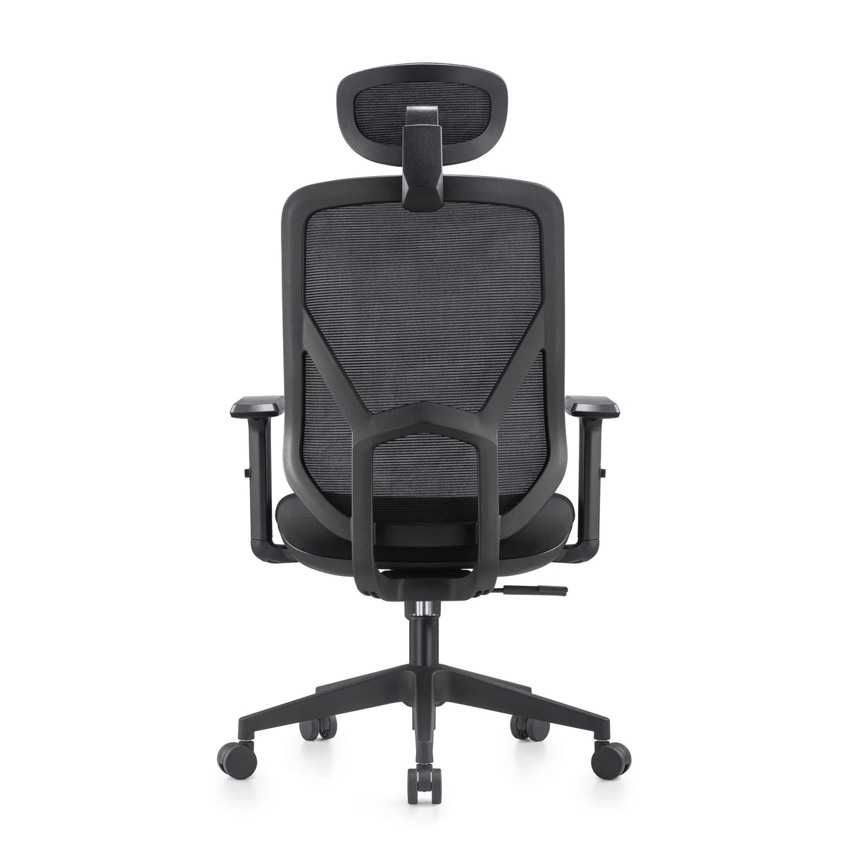 Vista trasera de la Silla Home Office BLACORE en negro con respaldo de malla y reposacabezas de MyBuero
