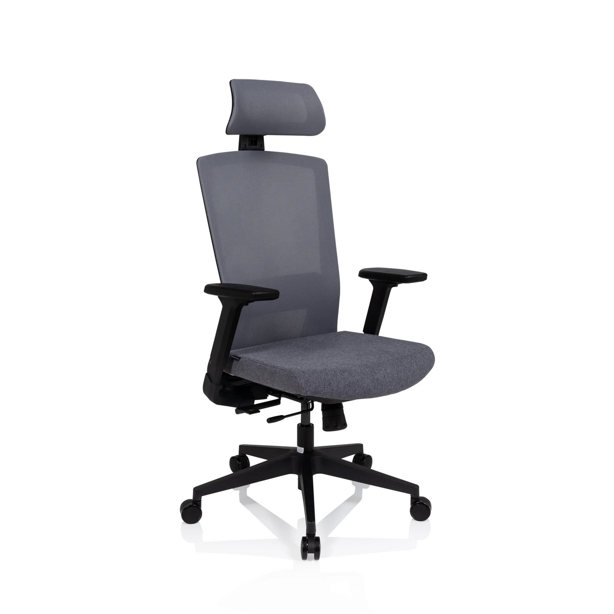 Silla de oficina profesional CAPTIVO gris con respaldo de malla, reposacabezas y base de cinco ruedas de hjh OFFICE – vista de 360° (vista frontal en diagonal 40°)