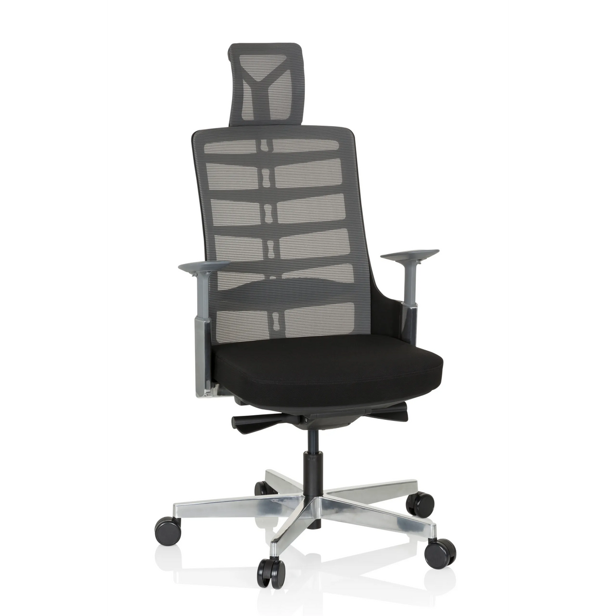 Silla alta gama SKARIF en color negro gris con respaldo de malla y base de cinco ruedas de hjh OFFICE – vista de 360° (vista frontal 20°)