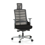 Silla alta gama SKARIF en color negro gris con respaldo de malla y base de cinco ruedas de hjh OFFICE – vista de 360° (vista frontal 20°)