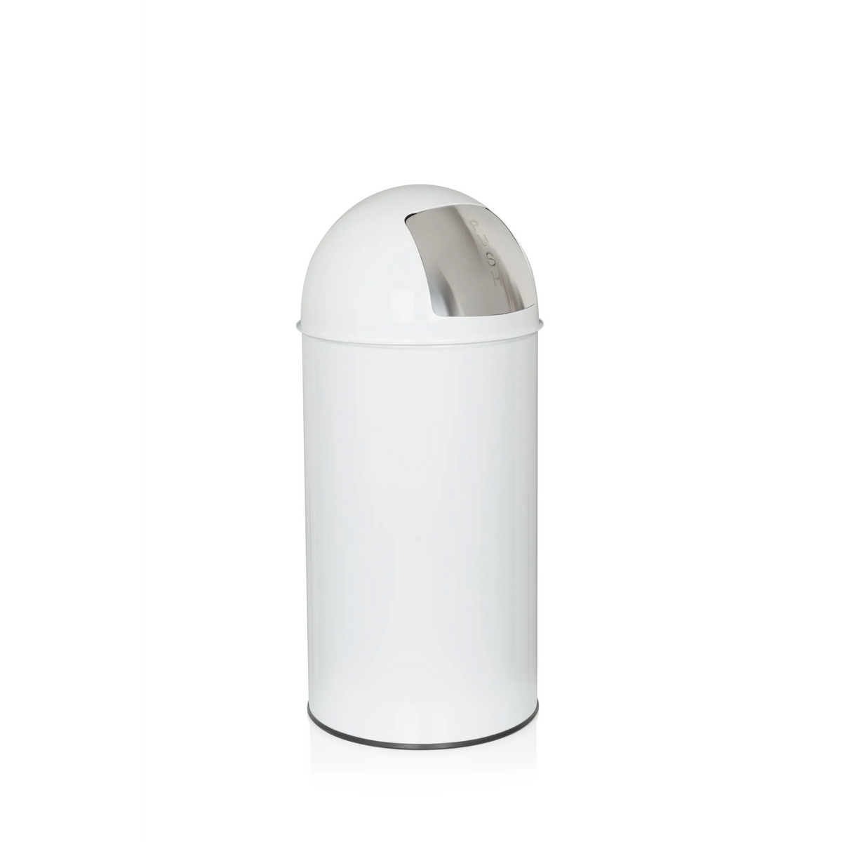 Papelera PUSH 35L blanca con parte superior redondeada y abertura de entrada plateada de hjh OFFICE – vista de 360° (vista trasera en diagonal 120°)