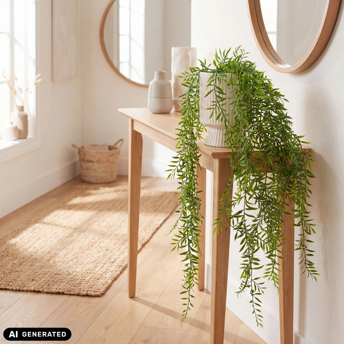 Planta artificial verde Filix en una maceta exterior blanca acanalada sobre una mesa consola de madera de hjh OFFICE