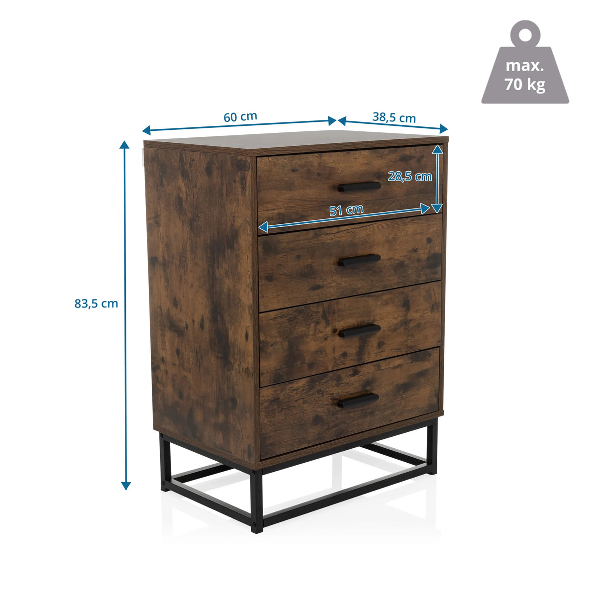 Dibujo acotado de la Cómoda VINSTRA con 60 × 83,5 cm y una carga máxima de 70 kg de hjh LIVING