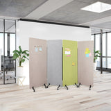 Separadores móviles FLEXMIUT en beige, gris oscuro y verde claro con ruedas y notas de hjh OFFICE