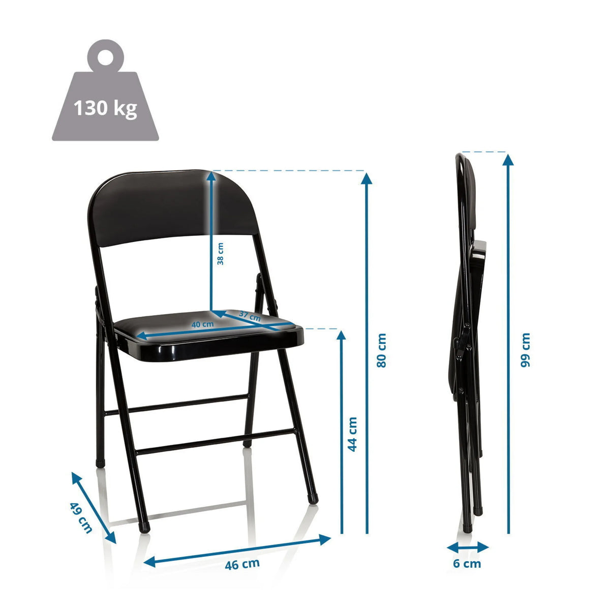 Dibujo dimensional de la silla plegable TUDELA con una altura de 80 cm y una capacidad de carga de 130 kg de hjh OFFICE