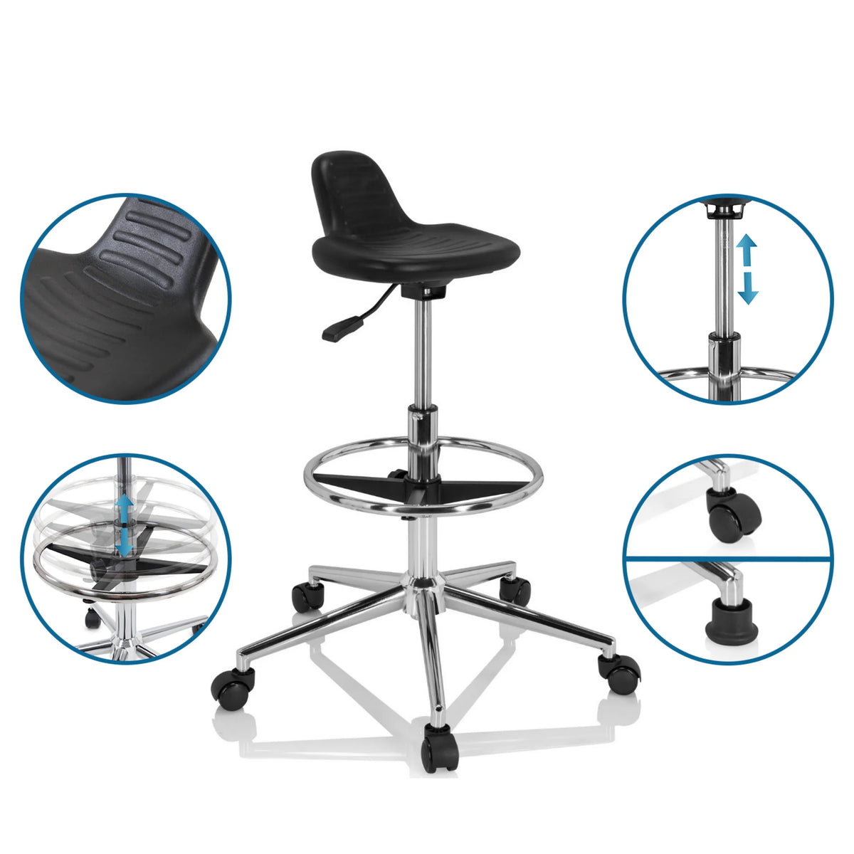 Asiento moldeado negro y estructura regulable en altura del taburete giratorio TOP WORK 03 I de hjh OFFICE