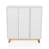 Cómoda blanca ESTHA con dos cajones, tres puertas y patas de madera clara de hjh LIVING – vista de 360° (vista frontal 0°)