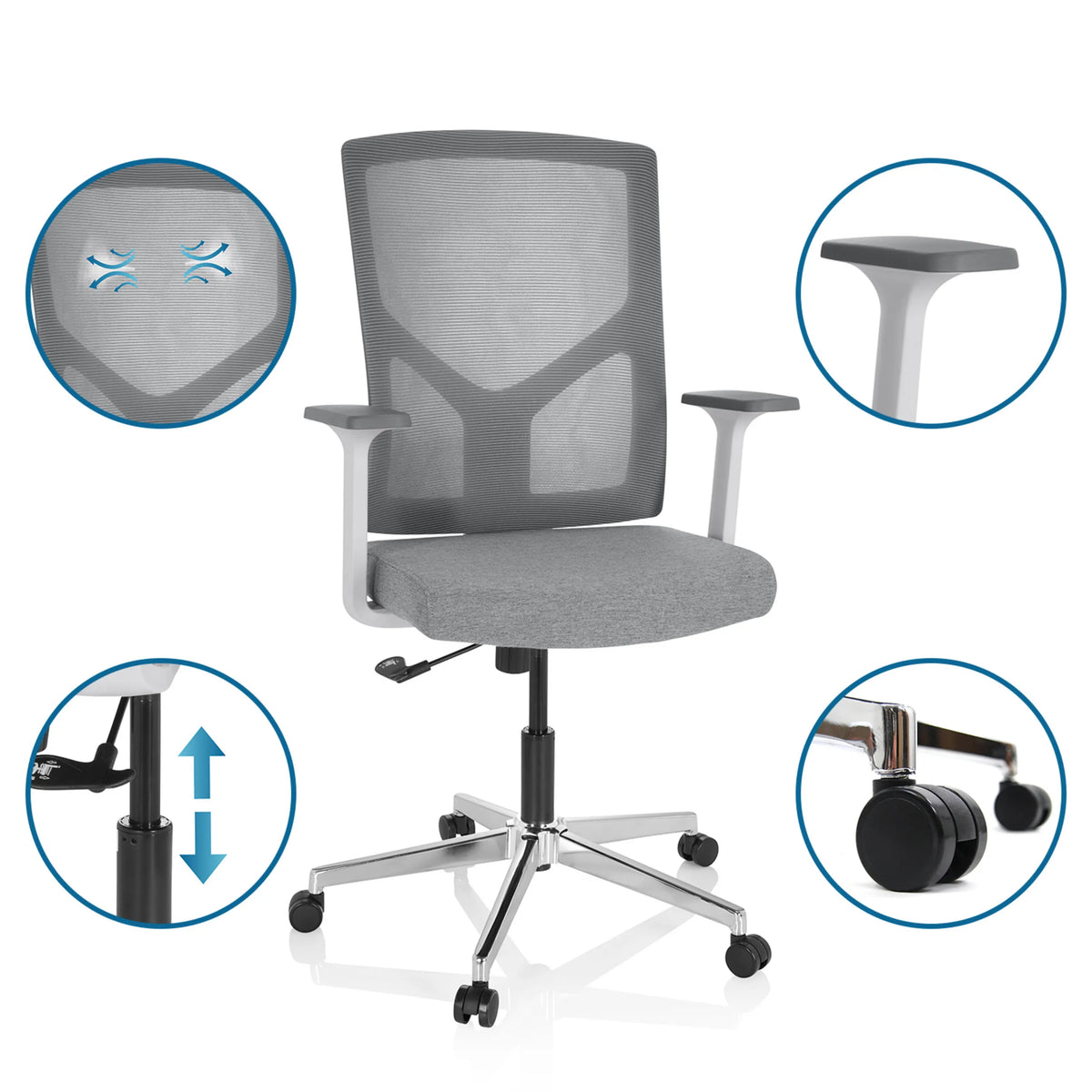 Silla Home Office BRETON BASE W gris con respaldo de malla, reposabrazos y ruedas de hjh OFFICE
