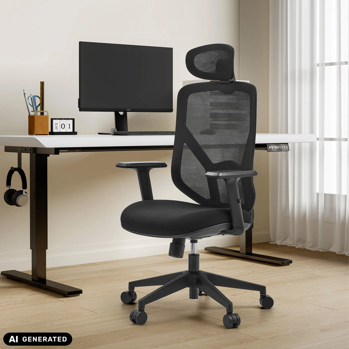 Silla Home Office BLACORE negra con respaldo de malla y reposacabezas de MyBuero (imagen generada por IA)