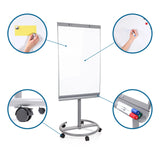 Pizarra blanca MULTIBOARD en color plata con ruedas, bandeja para rotuladores y una superficie de escritura blanca de hjh OFFICE