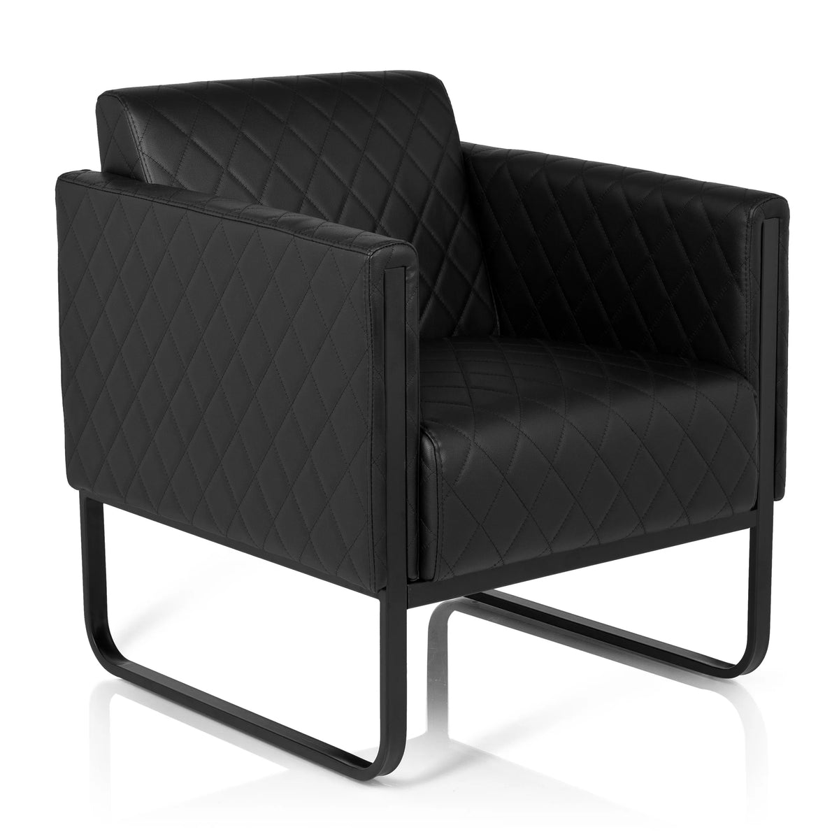 Sillón tapizada negro ARUBA BLACK con costuras de diamante y base de patín de hjh OFFICE – vista de 360° (vista frontal en diagonal 40°)