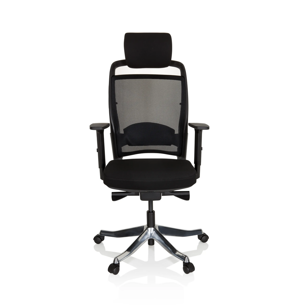 Silla de oficina profesional IKAST I negra con respaldo de malla y base brillante de cinco ruedas de hjh OFFICE – vista de 360° (vista frontal 0°)