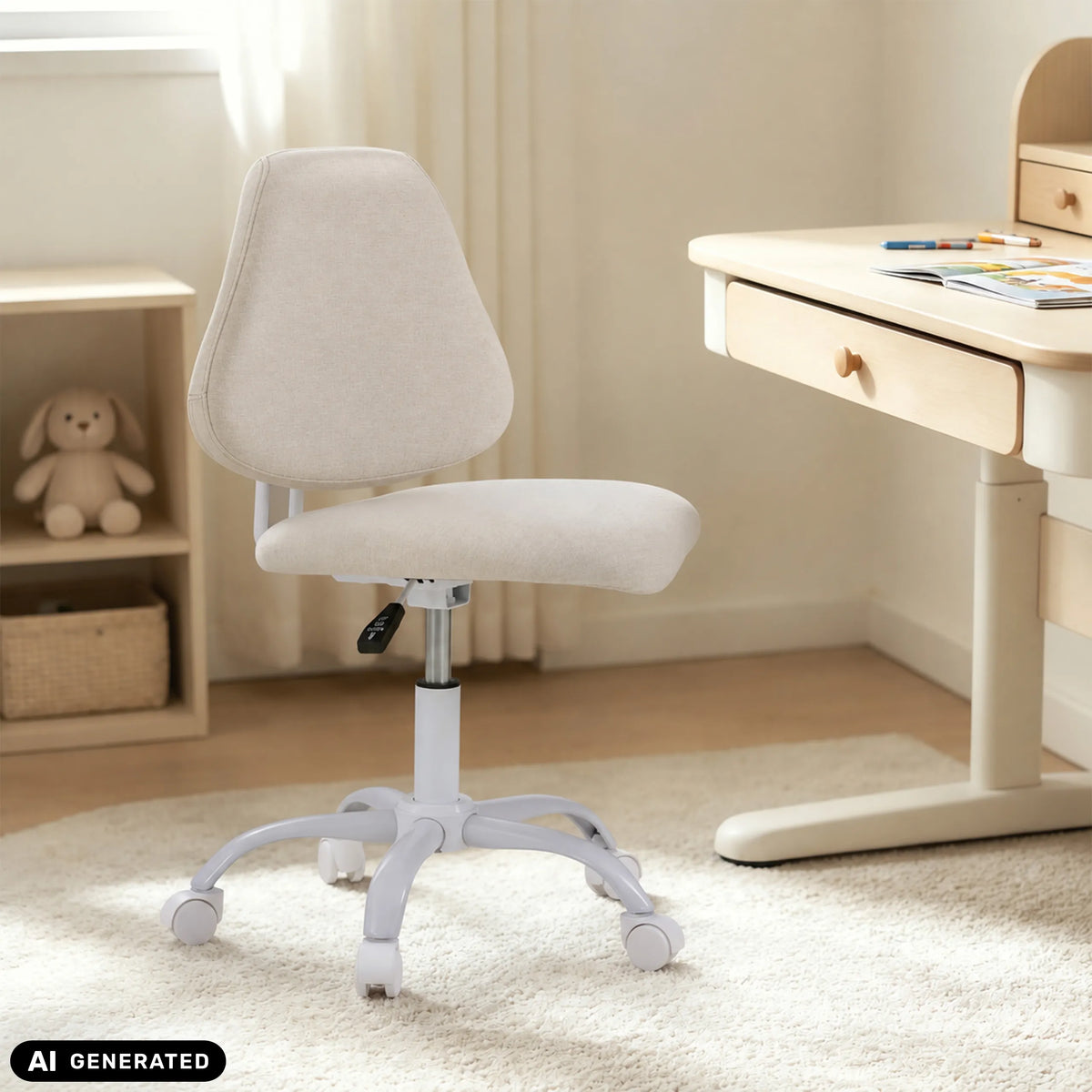 Silla giratoria para niños Lumikid en color beige con ruedas y pistón de gas de hjh OFFICE (imagen generada por IA)