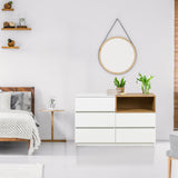 Aparador MELMO S en blanco y roble con tres cajones y un estante abierto de hjh LIVING