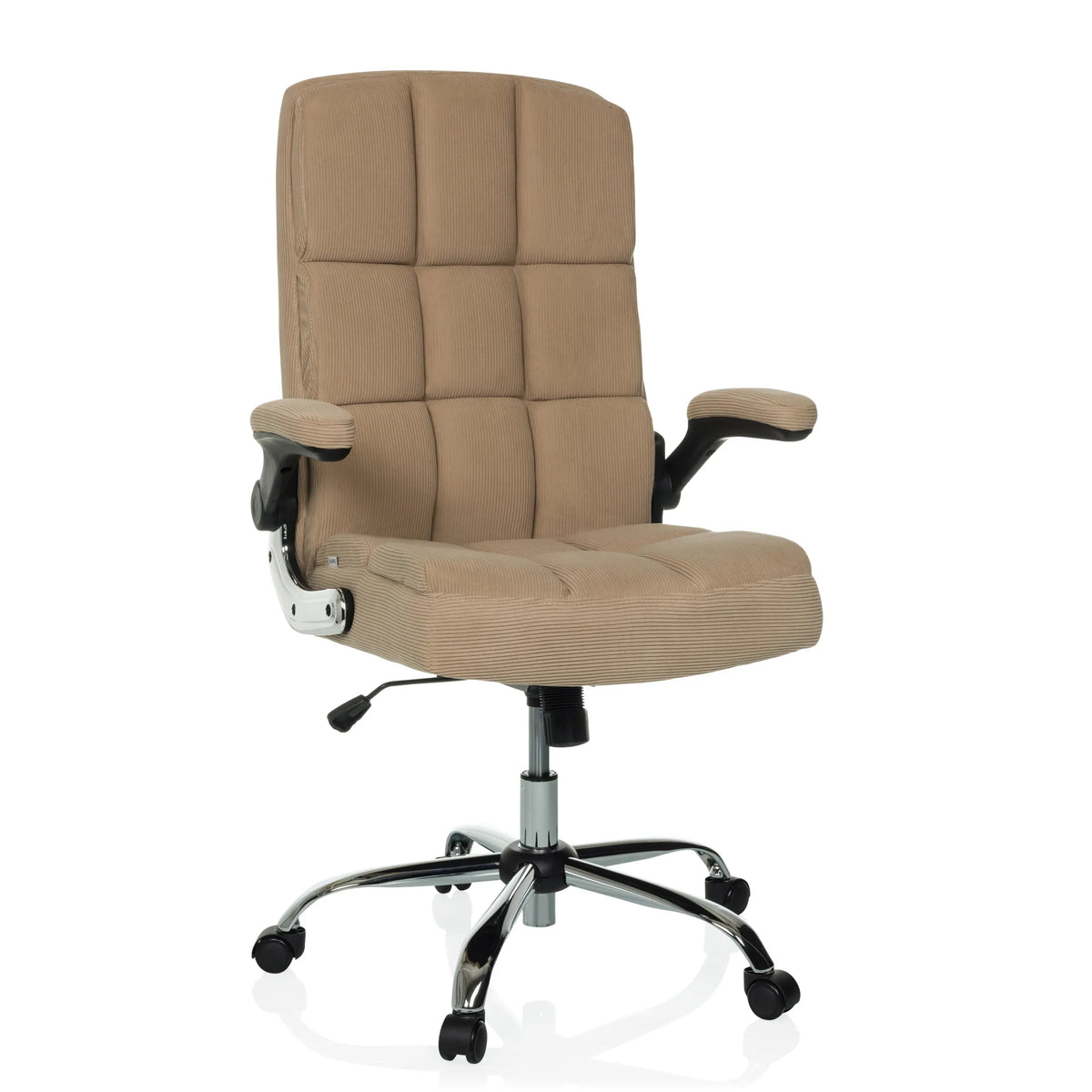 Sillón de oficina Home Office RELAX WD 100 beige con tapizado de pana y base de cinco ruedas de MyBuero – vista de 360° (vista frontal 15°)