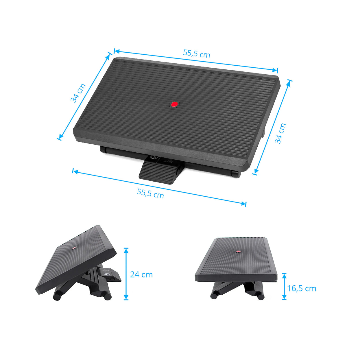 Dibujo dimensional del Reposapiés PIEDINO STRIPE PRO con 55,5 × 34 cm y una altura de hasta 24 cm de hjh OFFICE
