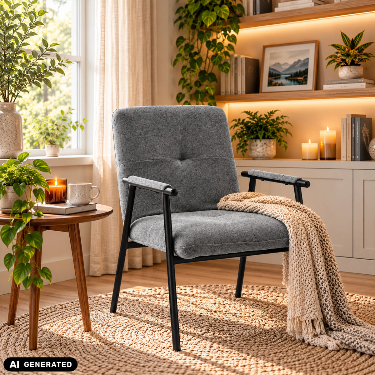 Silla tapizada gris Lifea Flex con reposabrazos en un salón de hjh LIVING (imagen generada por IA)