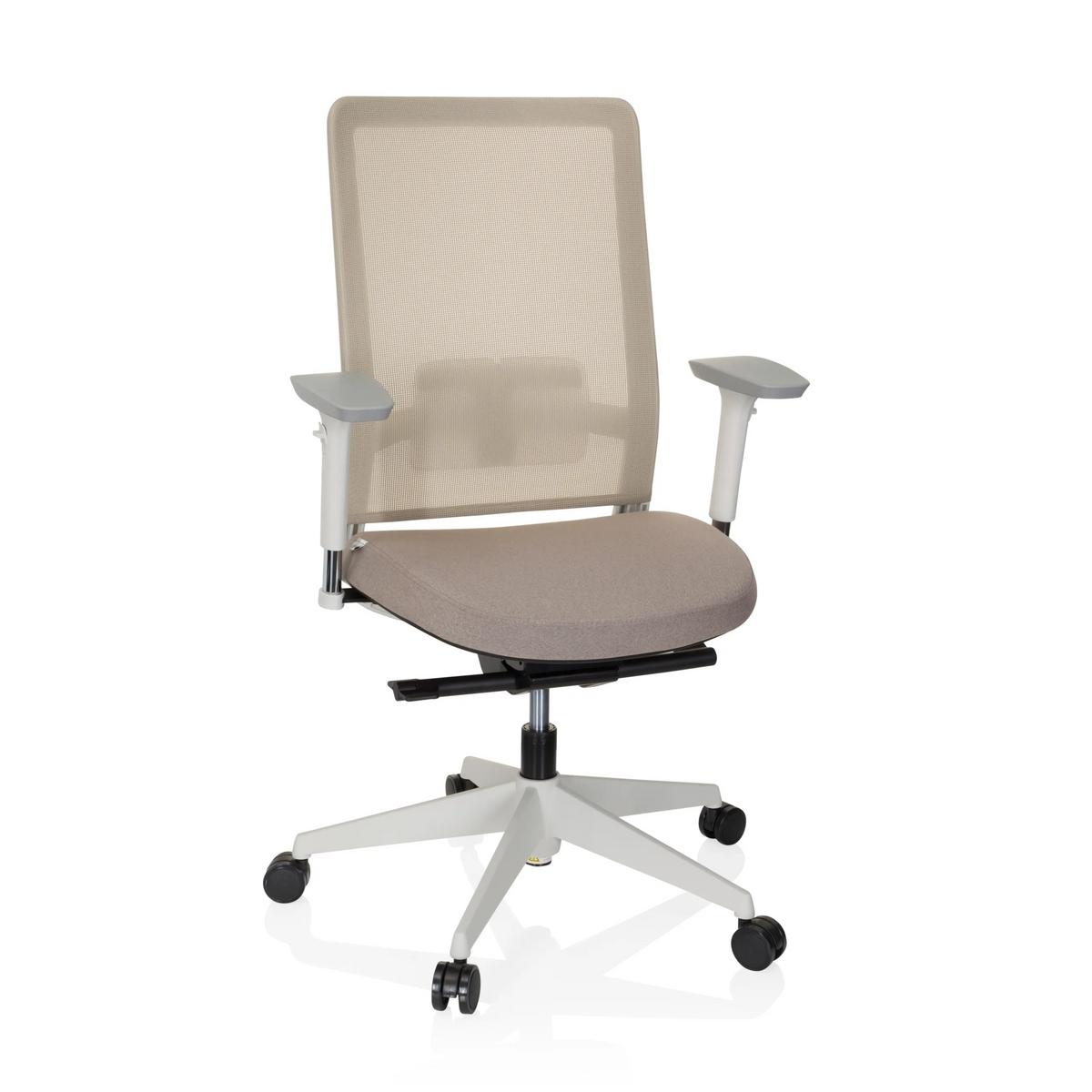 Silla de oficina profesional PURE WHITE beige con respaldo de malla y base de cinco ruedas de hjh OFFICE – vista de 360° (vista frontal 20°)
