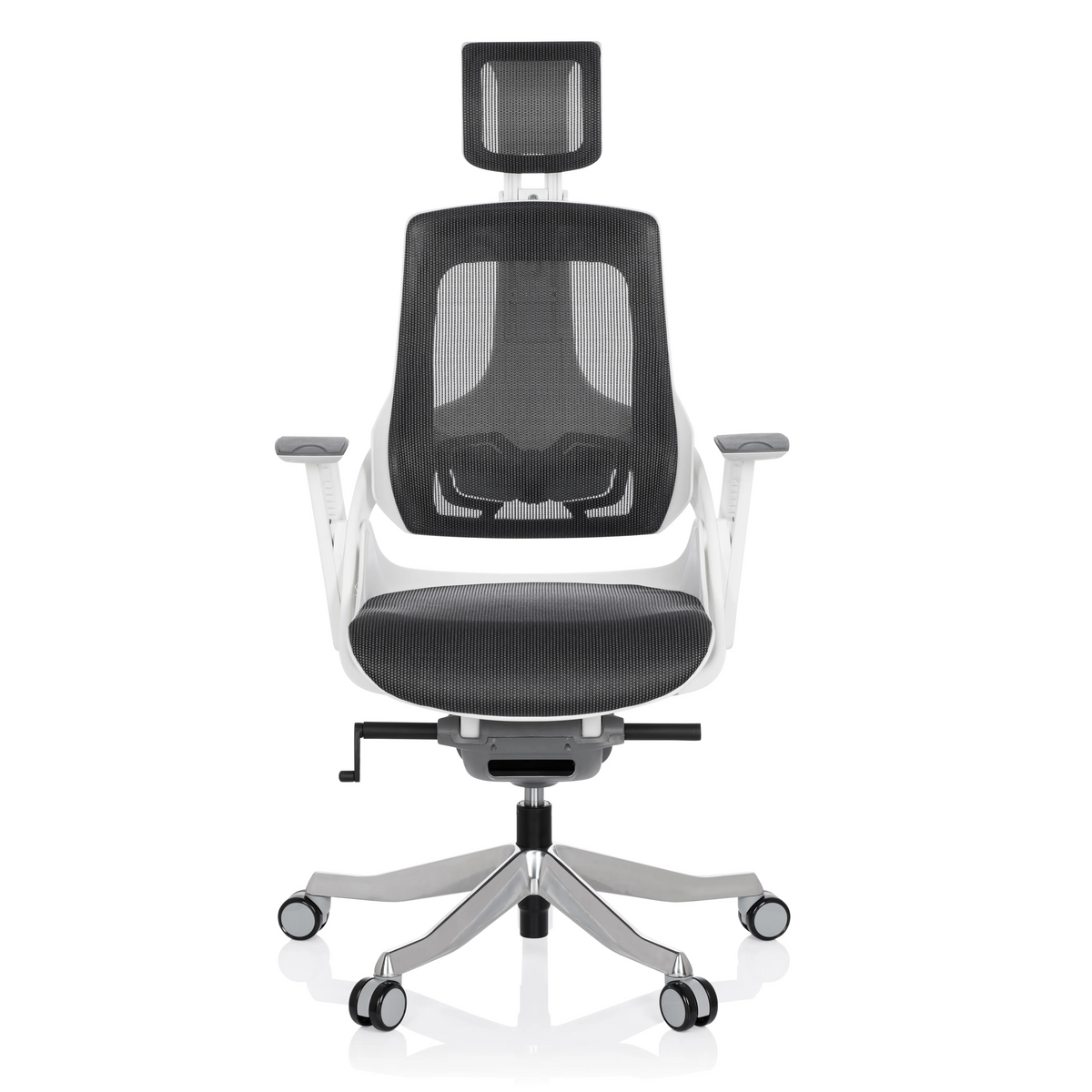 Grauer Profi-Bürostuhl SPEKTRE mit Netzrücken und Fußkreuz mit fünf Rollen von hjh OFFICE – 360-Grad-Ansicht (Frontansicht 0°)