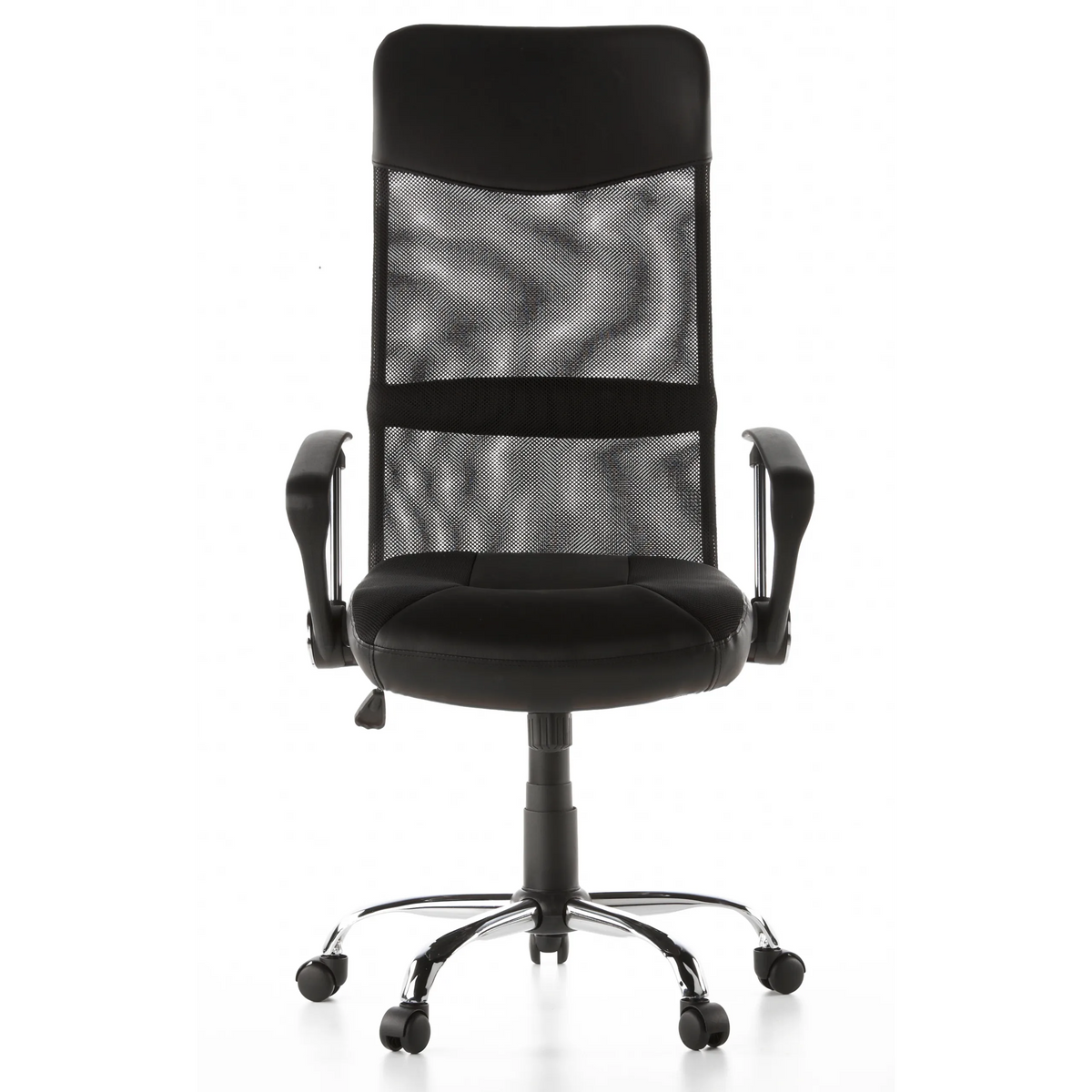 Sillón de oficina Home Office STRYKA negro con respaldo de malla, asiento de cuero sintético y base de estrella de hjh OFFICE – vista de 360° (vista frontal 0°)