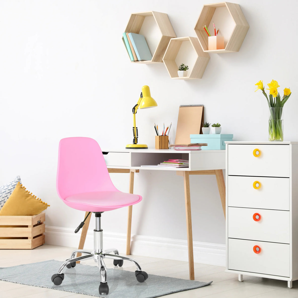 Silla giratoria para niños FANCY II en color rosa con base cromada y ruedas de hjh OFFICE