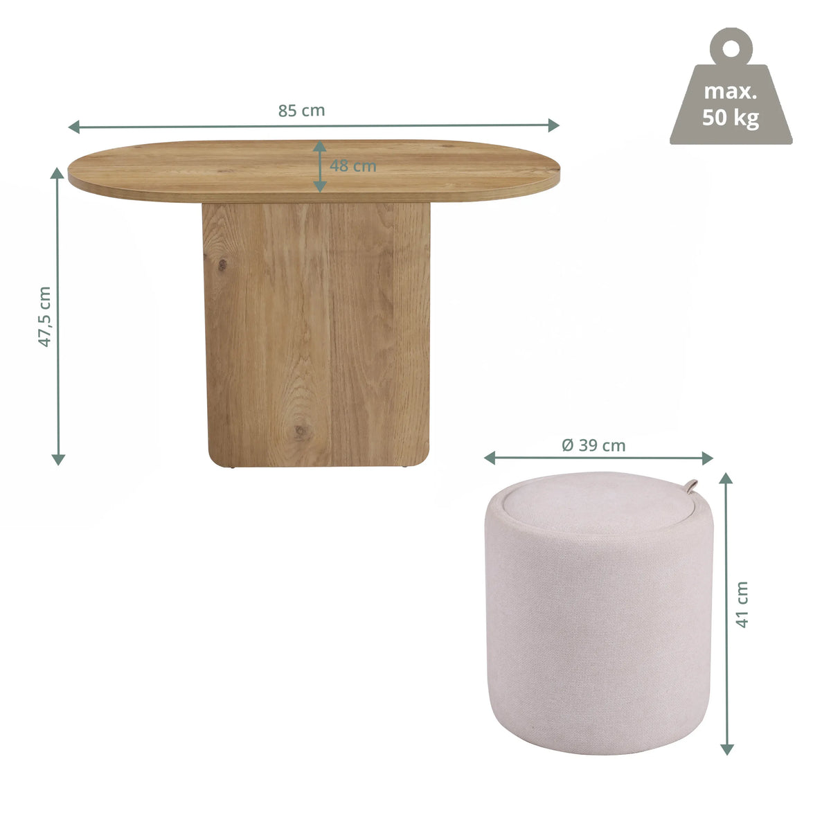 Plano dimensional de la mesa auxiliar Nestup con un diámetro de 85 cm y una altura de 47,5 cm de hjh LIVING