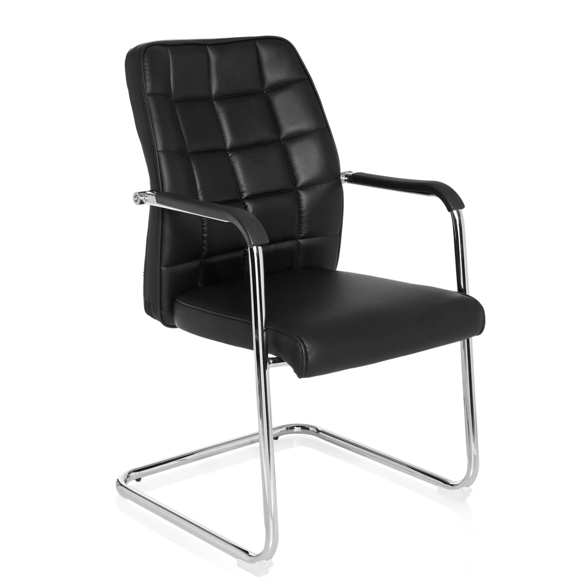 Silla viga voladiza FLEXO V negra con costuras cuadradas y reposabrazos de hjh OFFICE – vista de 360° (vista frontal en diagonal 40°)