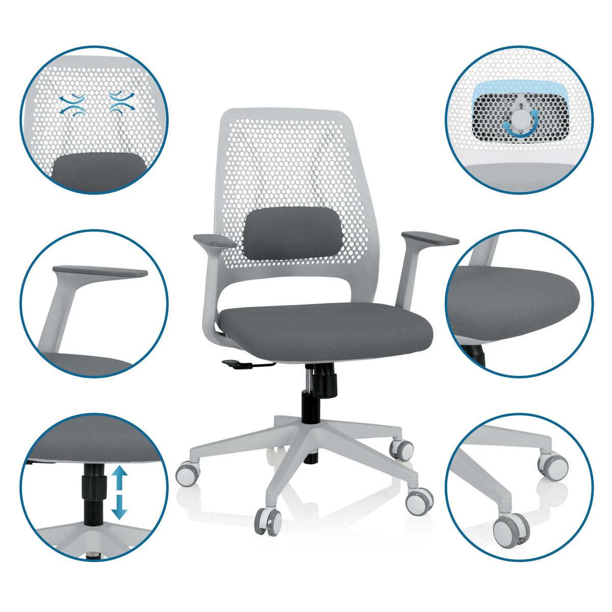 Silla Home Office PARFERIO W gris con respaldo de malla, reposabrazos y ruedas de hjh OFFICE