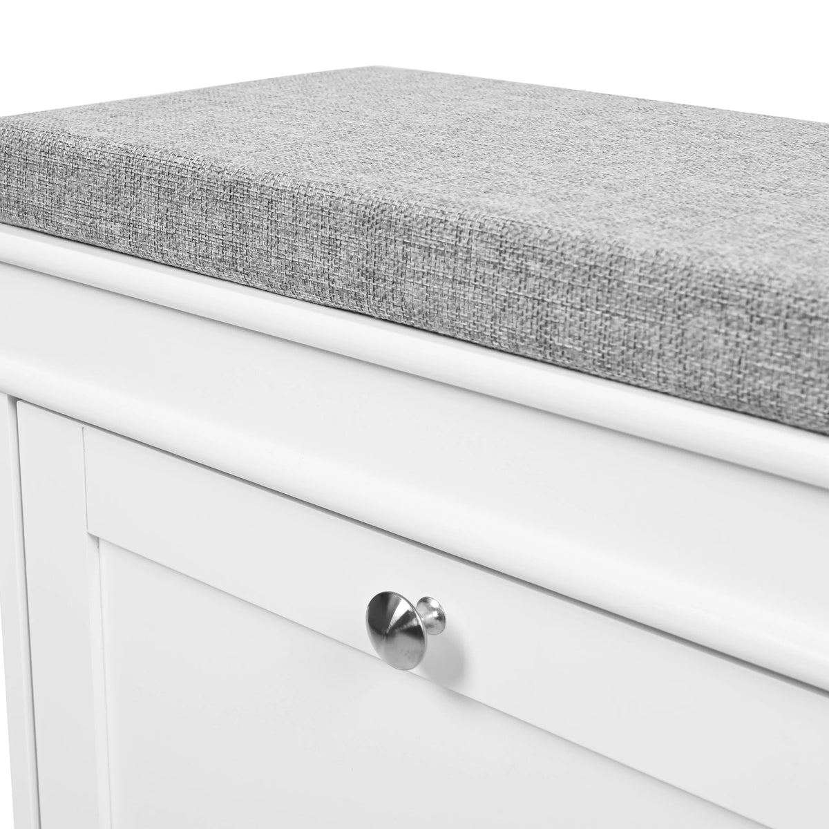 Cojín de asiento gris y cajón blanco con pomo metálico del armario zapatero Estha 11 de hjh LIVING