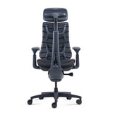 Vista posterior de la Silla alta gama LiberNovo Omni en negro con reposacabezas y base con ruedas de Libernovo