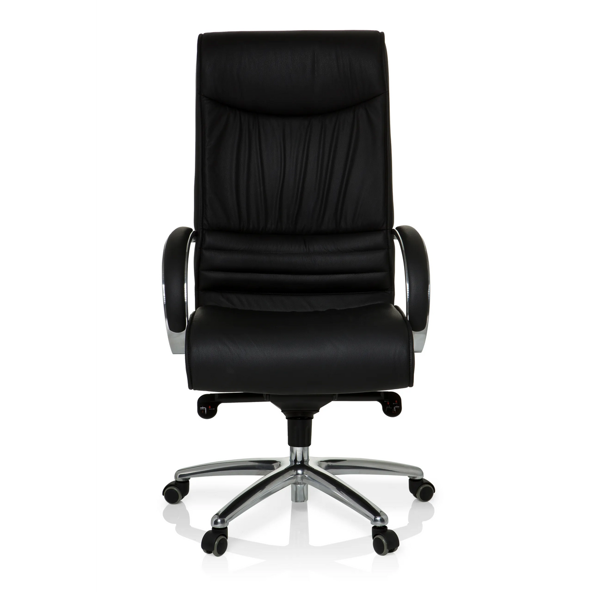 Silla giratoria XXL F 400 negra de cuero con base de estrella y cinco ruedas de hjh OFFICE – vista de 360° (vista frontal 0°)