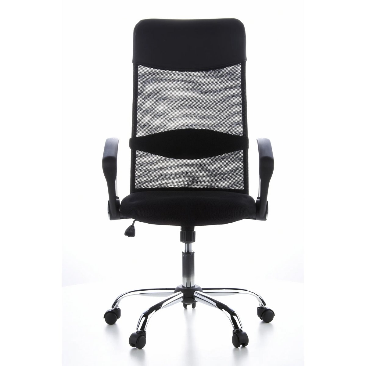 Sillón de oficina Home Office ARIA HIGH negro con respaldo de malla y base de cinco ruedas de hjh OFFICE – vista de 360° (vista frontal 0°)